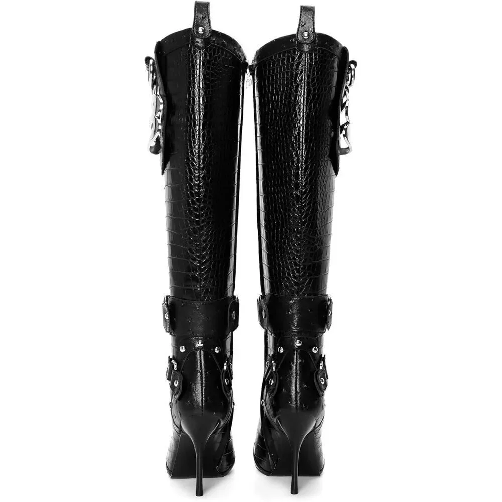 Women's Cool Black Pointed Toe Slim Calf Sexy Stiletto High Heel Long Tall Boots